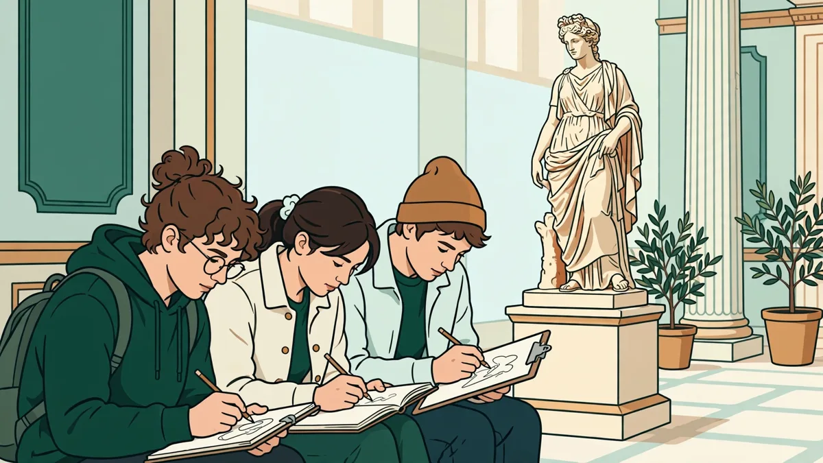 Deux étudiantes et un étudiant qui dessinent et annotent une statue antique dans une galerie de musée lumineuse
