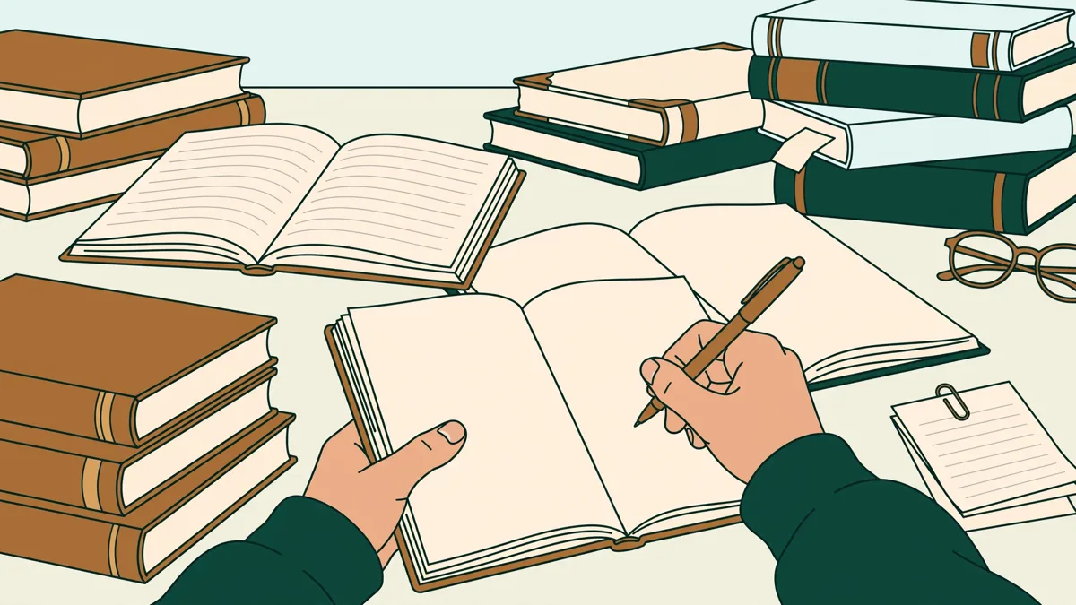 Une étudiante en bibliothèque universitaire rédige une dissertation entourée de manuels de droit et d'ouvrages d'histoire.