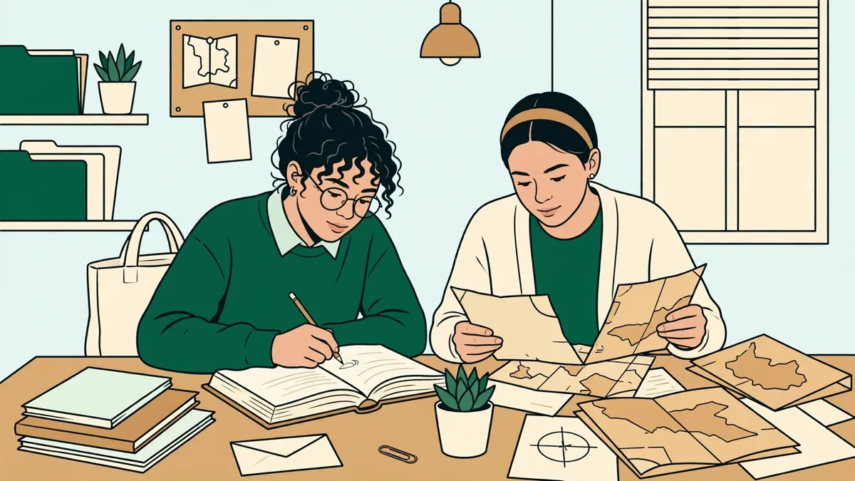 Deux étudiants en travaux dirigés, l'un annote un code juridique, l'autre compare des documents d'archive étalés sur la table.