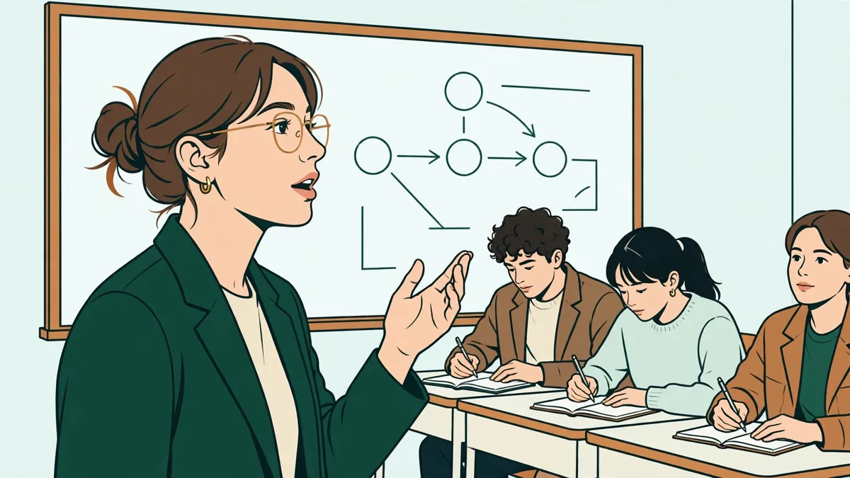 Illustration dessinée d'une étudiante qui présente un exposé en allemand devant sa classe, avec un camarade qui prend des notes.