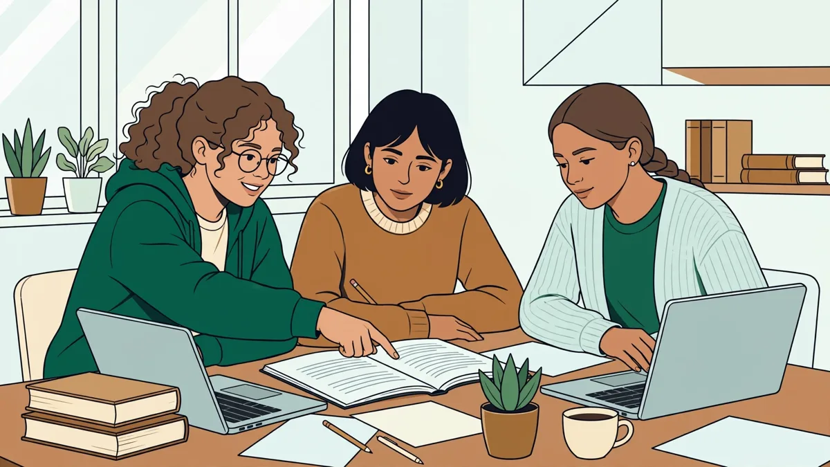 Illustration dessinée de trois étudiants autour d'une table qui traduisent ensemble un document juridique entre français, anglais et allemand.