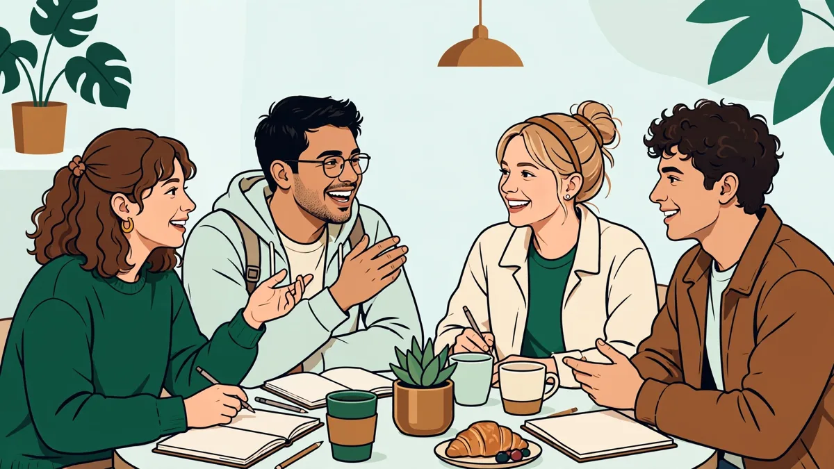 Petit groupe d'étudiants qui discutent en anglais et en italien autour d'une table de café avec carnets et tasses.