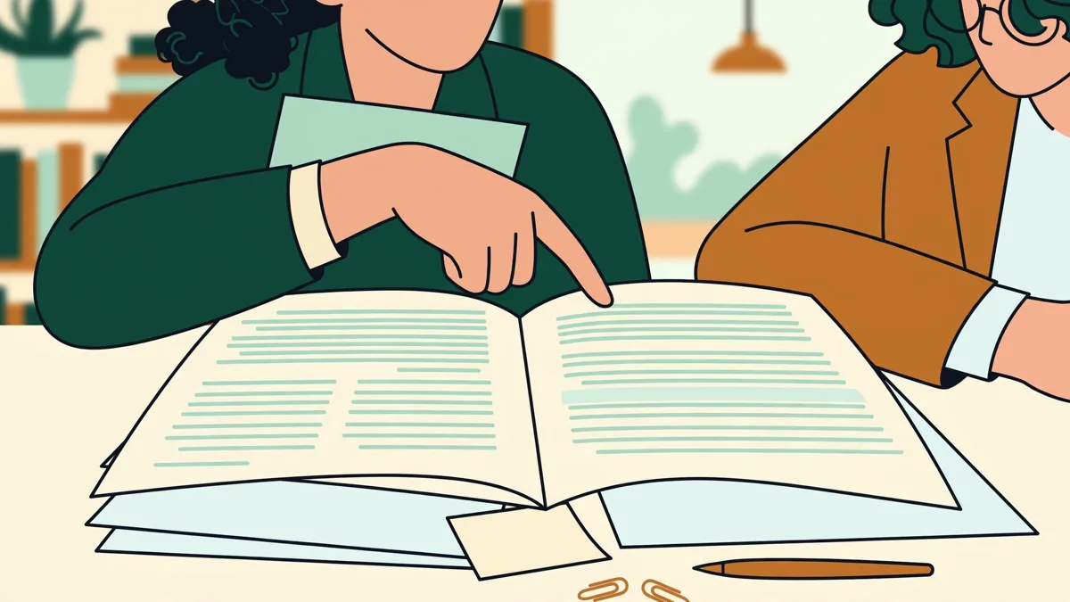Deux étudiantes qui comparent un contrat en anglais et des notes de droit français à une table de bibliothèque.