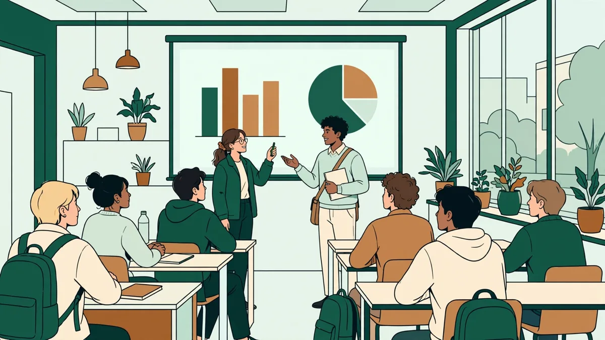 Deux étudiantes qui présentent un exposé d'économie en anglais devant leur groupe, avec des graphiques projetés.