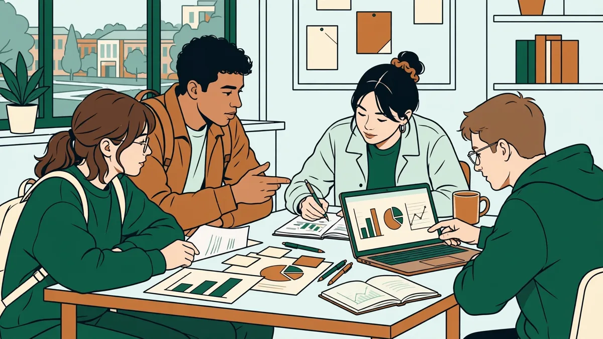 Quatre étudiants autour d'une table qui préparent une étude de cas d'économie en anglais, avec graphiques et ordinateur portable.