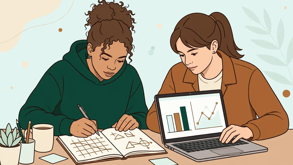 Deux étudiants en double licence travaillent ensemble devant un ordinateur portable, entre un cahier de maths et des graphiques économiques.