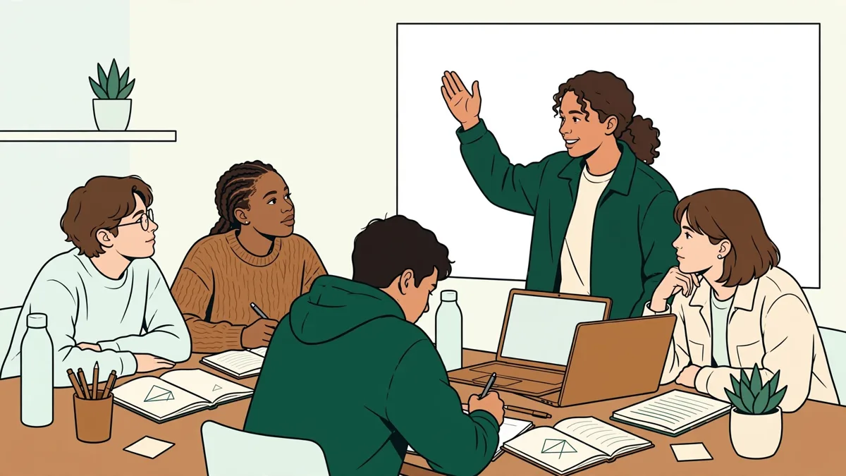 Petit groupe d'étudiants autour d'une table qui refont un exercice de maths et discutent d'un graphique.