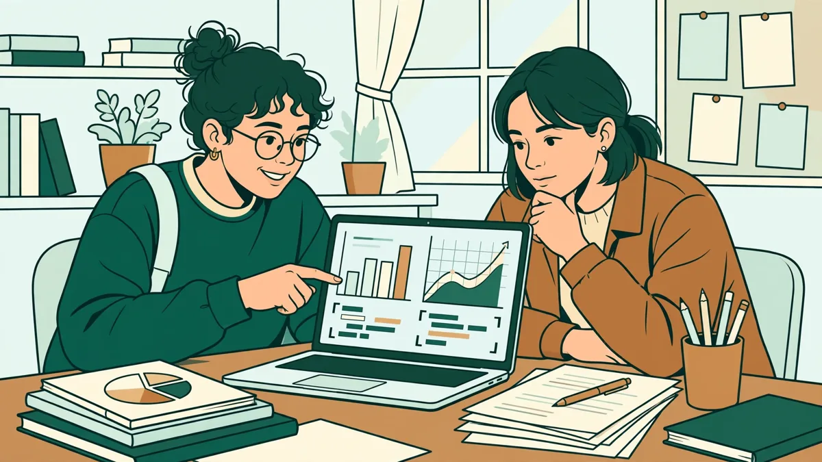 Illustration dessinée de deux étudiants devant un écran affichant graphiques et code, avec carnets et documents de gestion posés à côté.