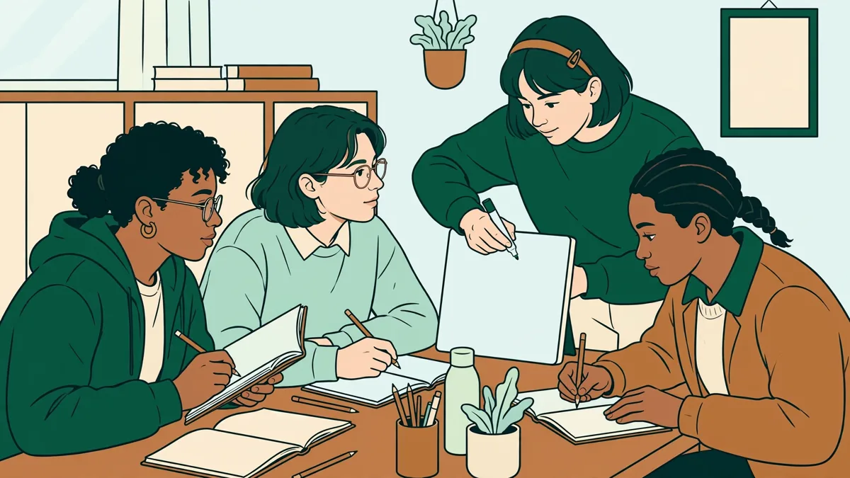 Illustration dessinée de quatre étudiants autour d'une table en travaux dirigés de maths, l'un écrivant une démonstration sur un tableau blanc.