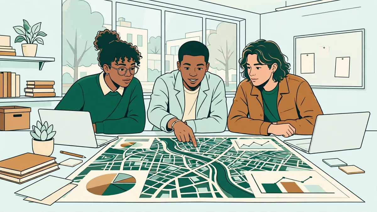 Trois étudiants autour d'une grande table en train d'analyser une carte de ville étalée, avec graphiques et ordinateurs portables