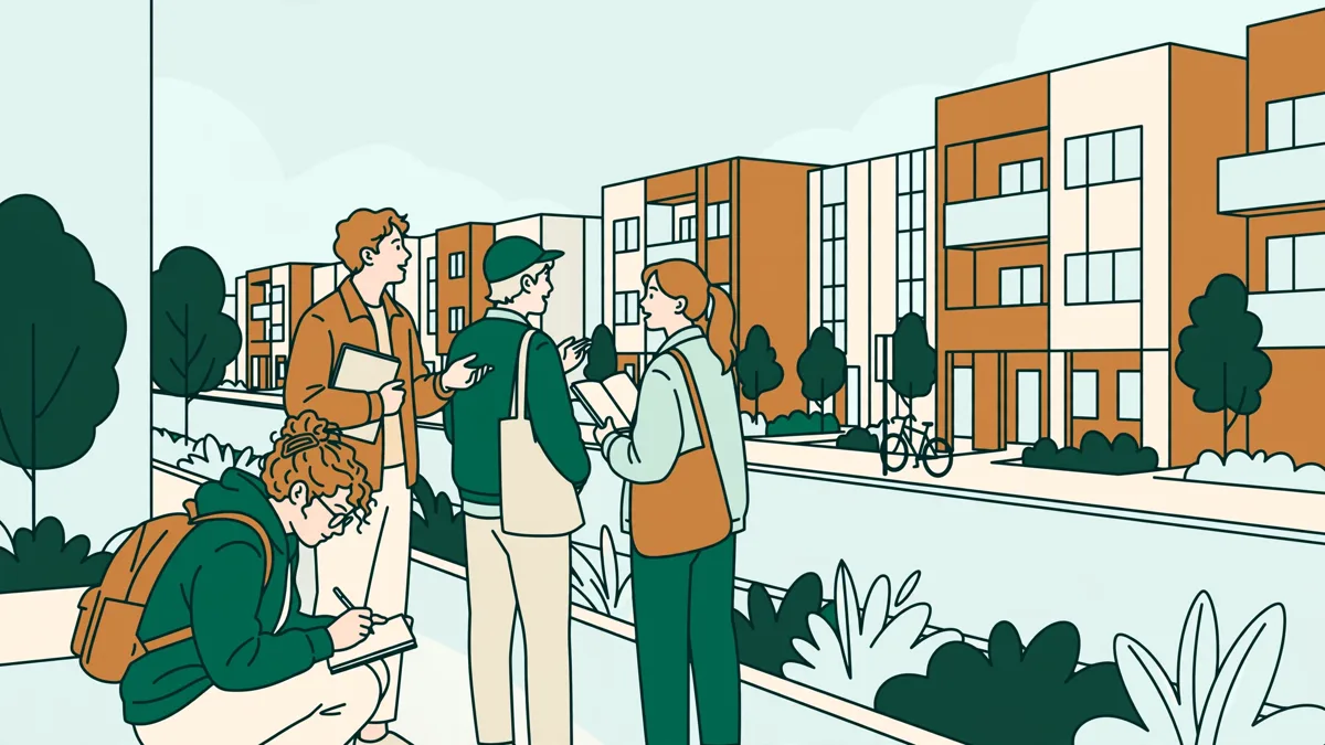 Petit groupe d'étudiants avec carnets en train d'observer une rue résidentielle avec des immeubles récents