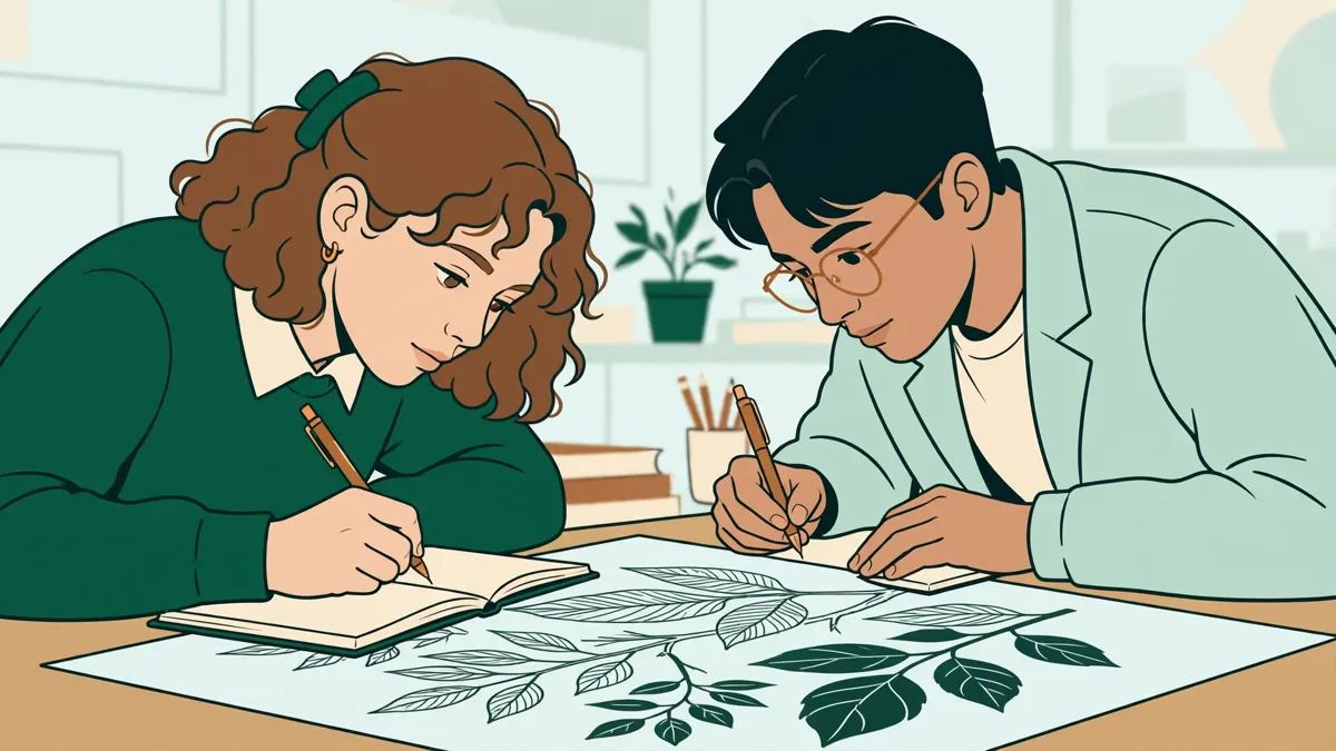 Deux étudiantes penchées sur une grande reproduction de tableau, prenant des notes et comparant des détails