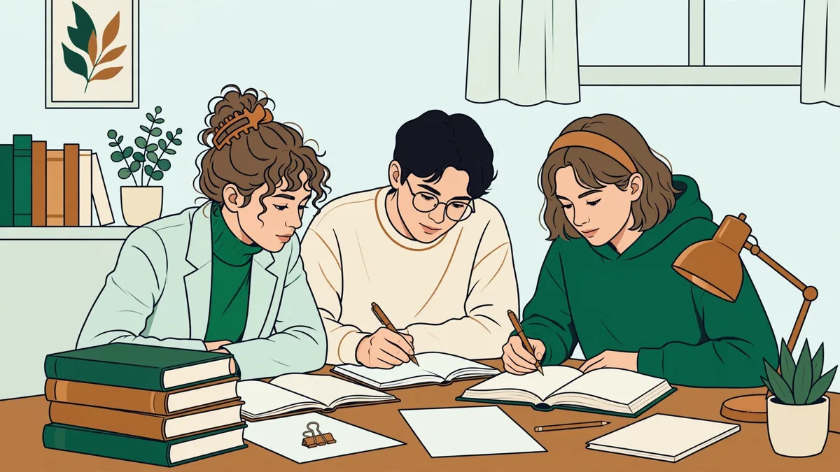 Trois étudiants autour d'une table qui préparent un cas pratique de droit avec des livres ouverts