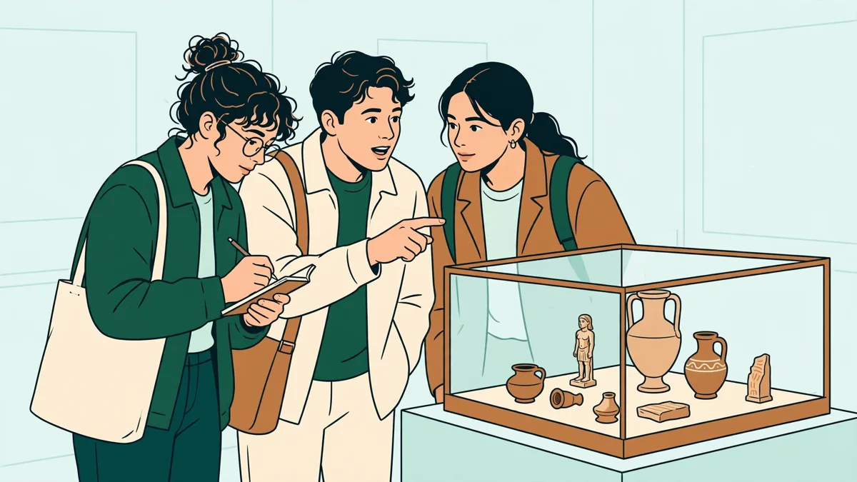 Trois étudiants dans une salle de musée qui observent une vitrine d'objets et discutent en prenant des notes