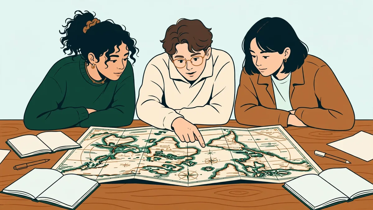 Trois étudiants penchés sur une grande carte ancienne étalée sur une table de salle d'archives, l'un pointant un détail, carnets ouverts autour d'eux.