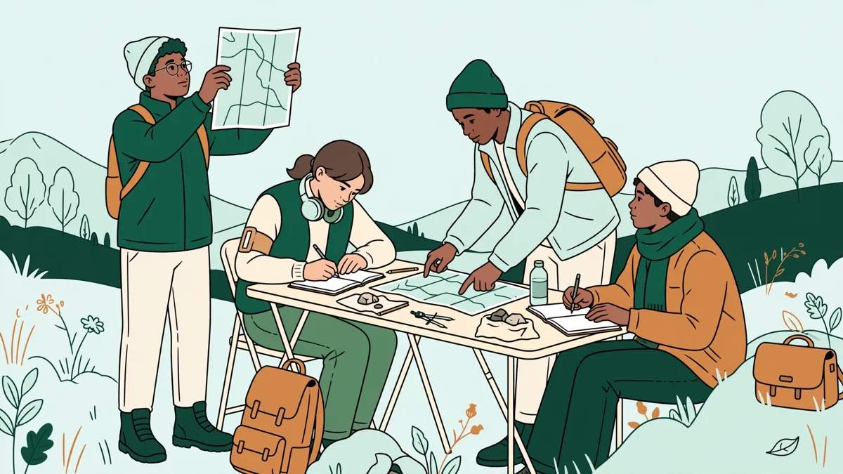 Quatre étudiants en extérieur avec cartes et carnets autour d'une table pliante, l'une mesurant une direction, un autre prenant des notes face à un quartier.