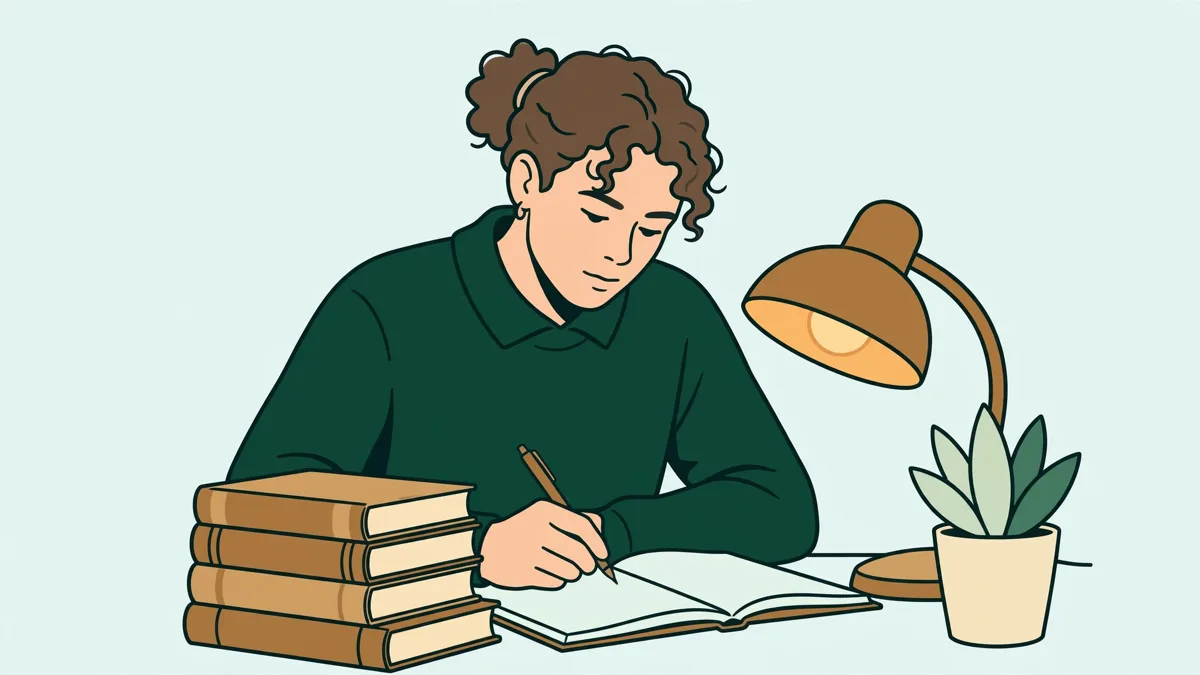 Un étudiant le soir devant une pile de livres d'histoire et un carnet ouvert, en train de prendre des notes studieuses