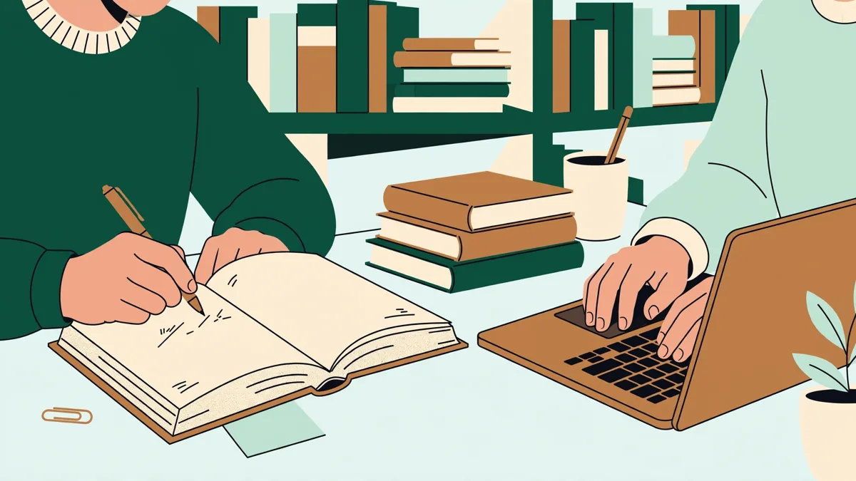 Illustration dessinée : en bibliothèque, deux étudiantes travaillent côte à côte, l'une annote un roman en anglais, l'autre traduit un texte sur son ordinateur portable.