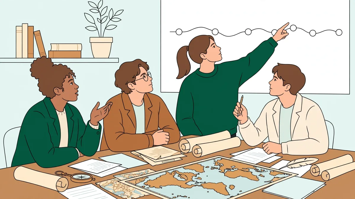 Illustration dessinée : autour d'une table de salle de cours, cinq étudiants débattent devant des cartes anciennes et des documents en anglais, l'une pointe une frise chronologique au tableau.