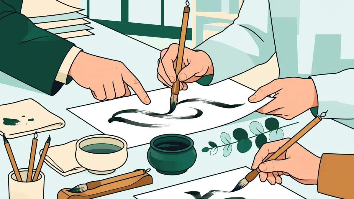 En atelier de langue, des étudiants s'entraînent à tracer des caractères japonais et à dialoguer par deux.