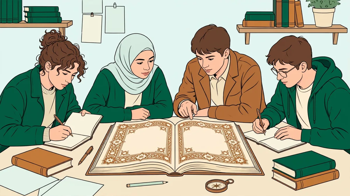 Étudiants en TD penchés sur un manuscrit en arabe, avec dictionnaires ouverts, l'un montrant un passage aux autres