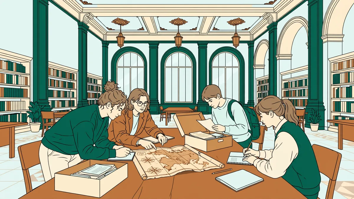 Étudiantes en salle de lecture comparant une carte ancienne et des cartons d'archives ouverts sur une table