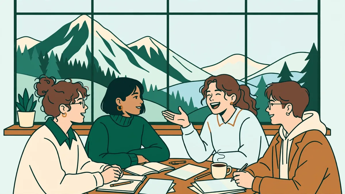 Quatre étudiants qui discutent en italien autour d'une table avec carnets et photocopies, une fenêtre ouverte sur des montagnes.