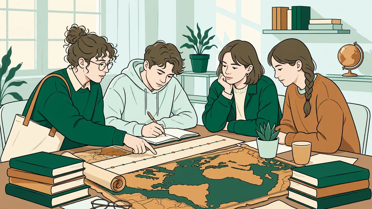 Petit groupe d'étudiants autour d'une table avec une carte historique et des livres italiens, l'une montre une frise chronologique, un autre prend des notes.
