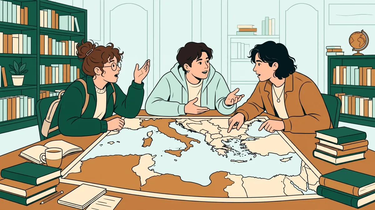 Trois étudiants qui débattent autour d'une carte de la Méditerranée antique étalée sur une table de bibliothèque