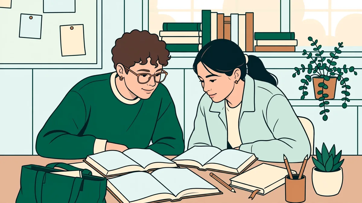 Deux étudiantes penchées sur une traduction latine, entourées de dictionnaires, dans une salle de travaux dirigés lumineuse