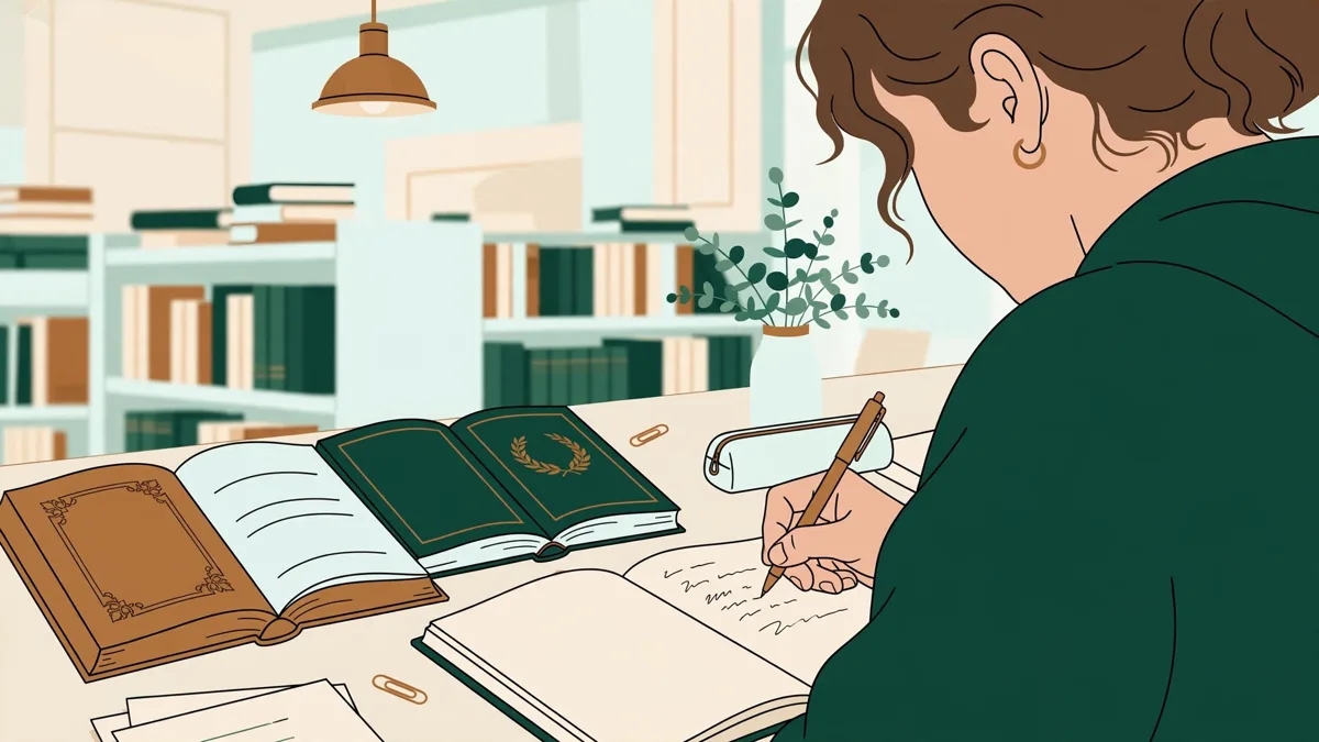 Une étudiante en bibliothèque avec des livres d'histoire et de philosophie ouverts, qui rédige une fiche de lecture sur son carnet.