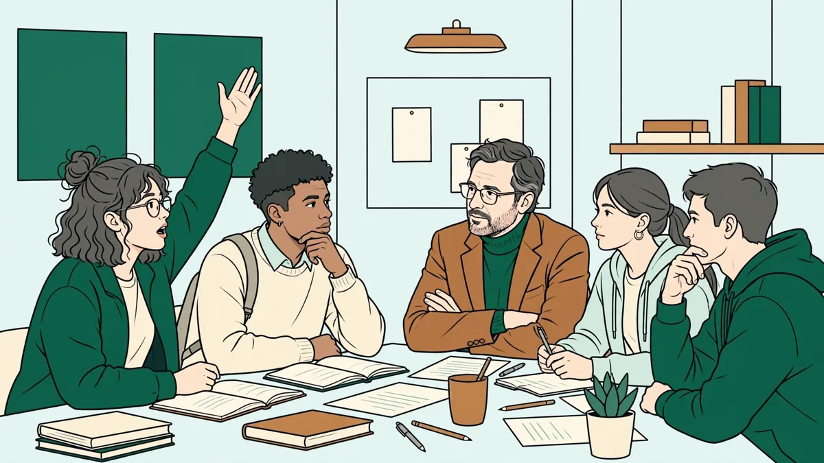 Petit groupe d'étudiants qui débattent autour d'une table en travaux dirigés, une enseignante qui les écoute et prend des notes.