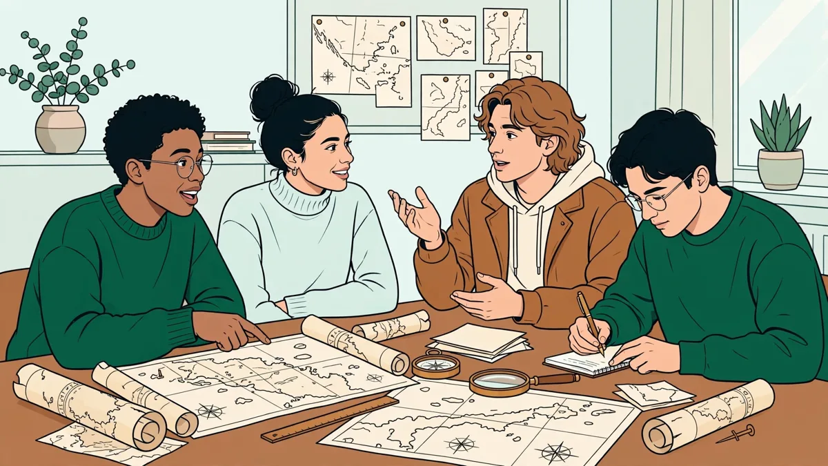 Quatre étudiants autour d'une table qui comparent des documents d'archive et préparent une argumentation pour un exposé.
