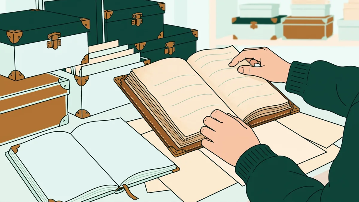 Une étudiante qui consulte des registres et des boîtes d'archives en salle de lecture, carnet ouvert à côté d'elle.