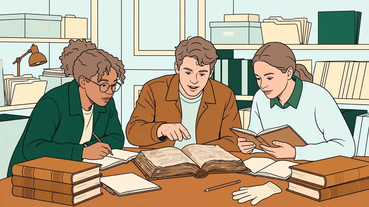 Des étudiants autour d'une table en salle de lecture, penchés sur des registres anciens ouverts, avec carnets et crayons.