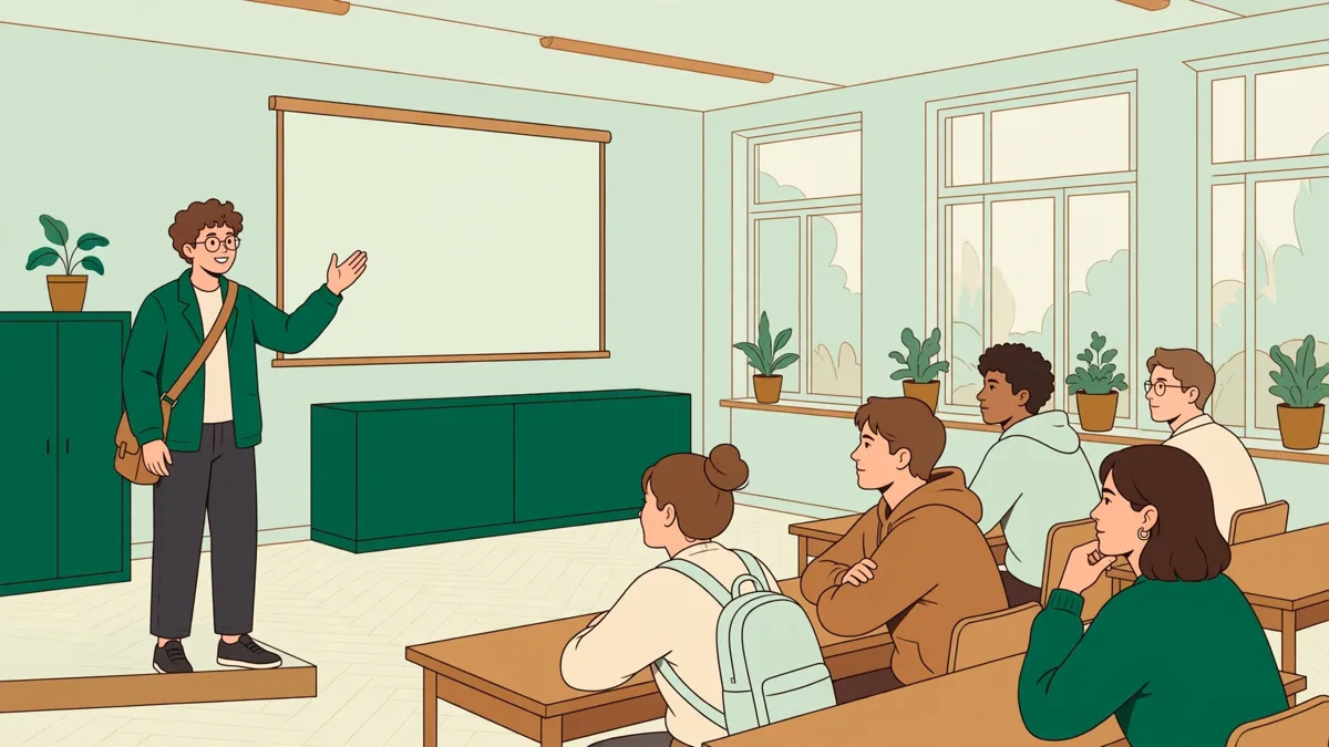 Une étudiante qui présente un exposé oral devant sa classe, avec des camarades attentifs au premier rang.