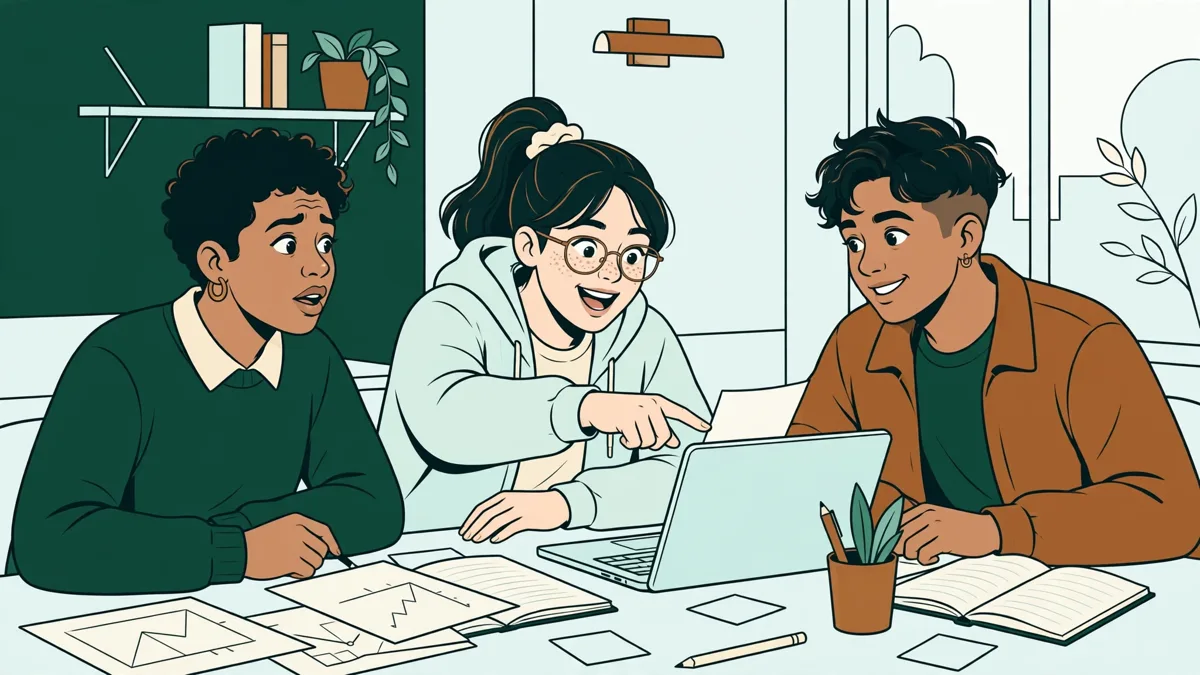 Trois étudiants autour d'une table qui comparent un texte en espagnol, un document en anglais et un tableau de chiffres pour un exposé.