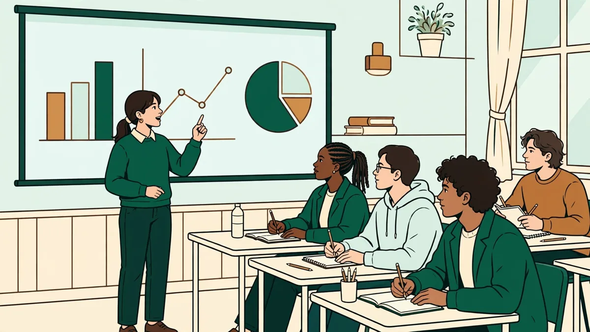 Une étudiante qui présente un exposé en langue étrangère devant sa classe avec des graphiques projetés derrière elle