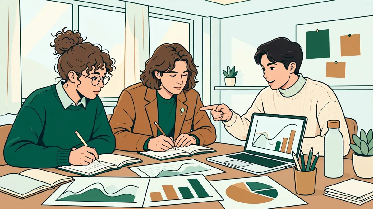 Trois étudiants autour d'une table qui comparent des graphiques économiques et prennent des notes pendant un travail dirigé
