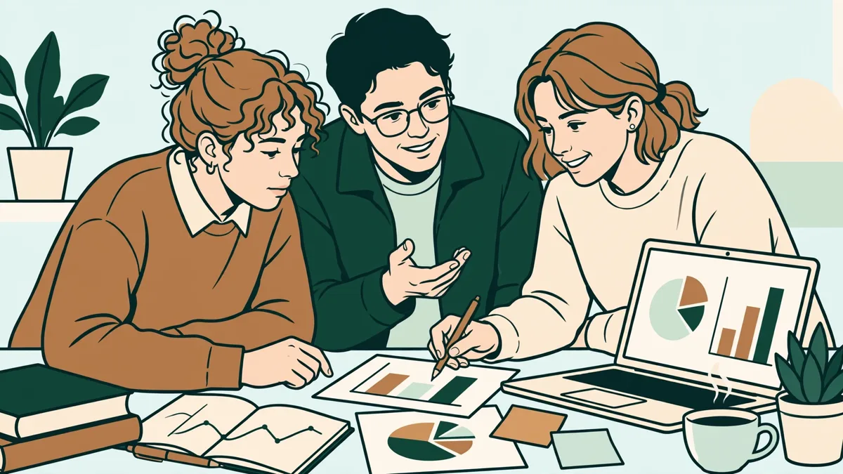 Trois étudiants autour d'une table qui analysent un tableau de gestion et préparent un exposé