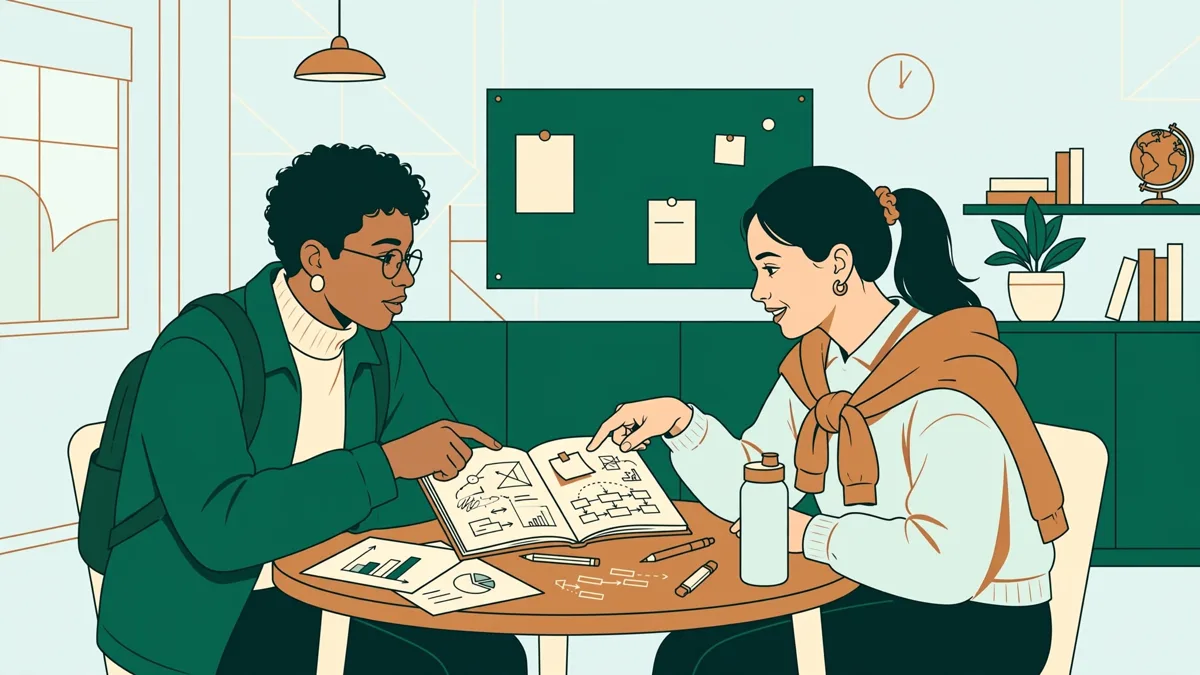 Deux étudiantes qui répètent une présentation, carnets ouverts, l'une montre des notes en chinois
