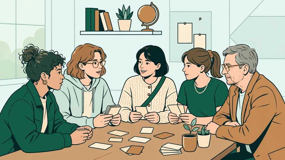Quatre étudiants autour d'une table qui s'entraînent à parler russe avec des fiches de vocabulaire, une enseignante qui les écoute