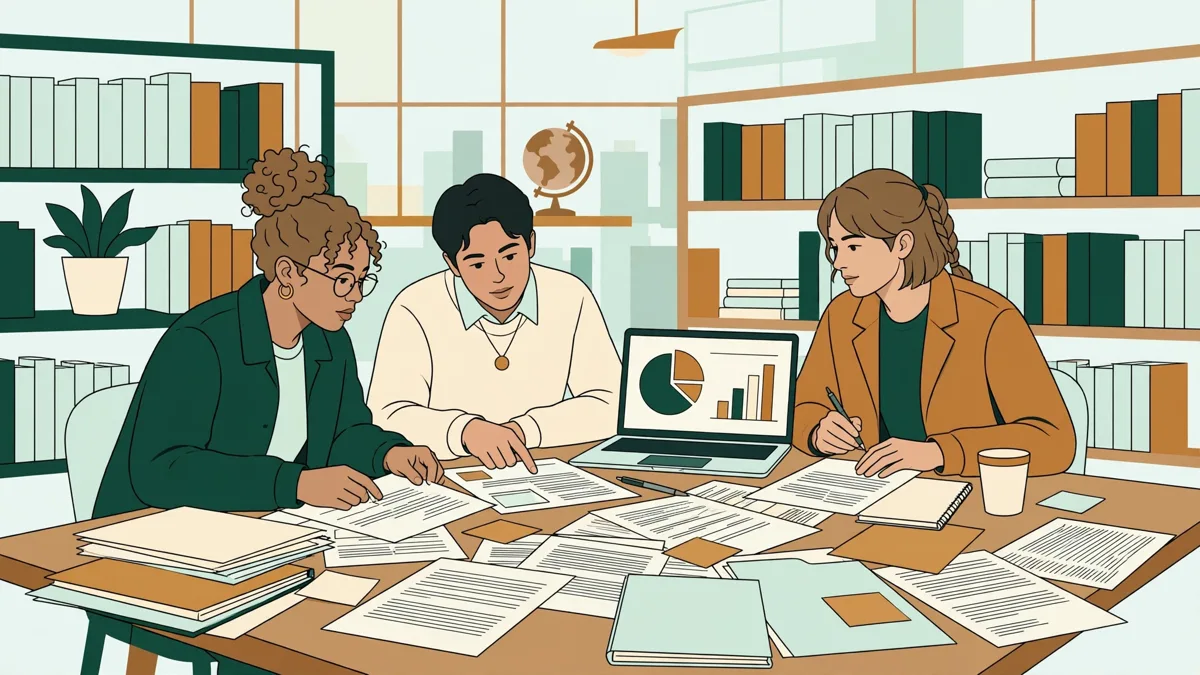 Trois étudiants qui préparent un exposé de gestion avec des documents en anglais et en russe étalés sur la table