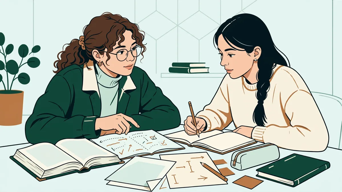 Deux étudiantes comparent leurs traductions anglais-allemand autour d'une table de TD, dictionnaires ouverts et carnets annotés.