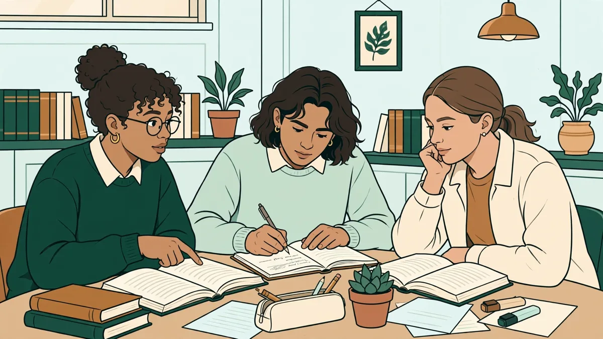 Trois étudiants autour d'une table qui comparent un texte anglais et un texte espagnol, l'une montre un passage, un autre prend des notes
