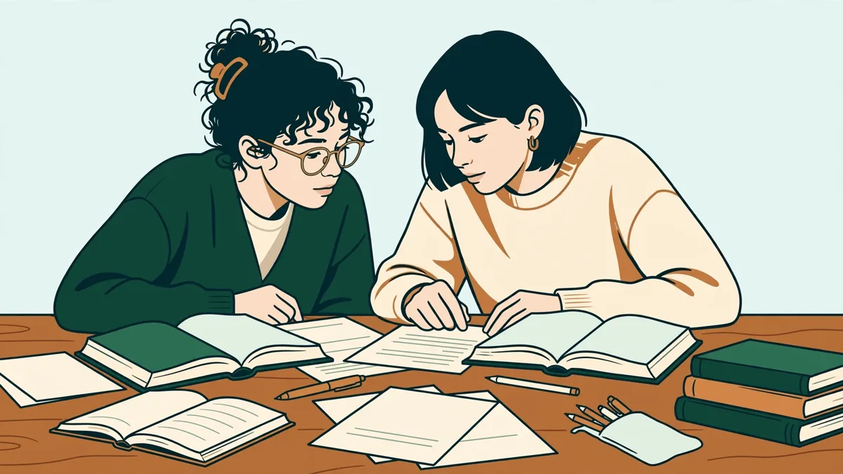 Deux étudiantes qui comparent leurs traductions annotées autour d'une table de bibliothèque
