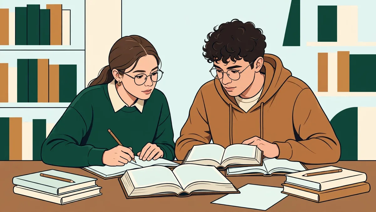 Deux étudiantes penchées sur des dictionnaires et des carnets, en train de comparer une traduction allemande et nordique autour d'une table de bibliothèque.