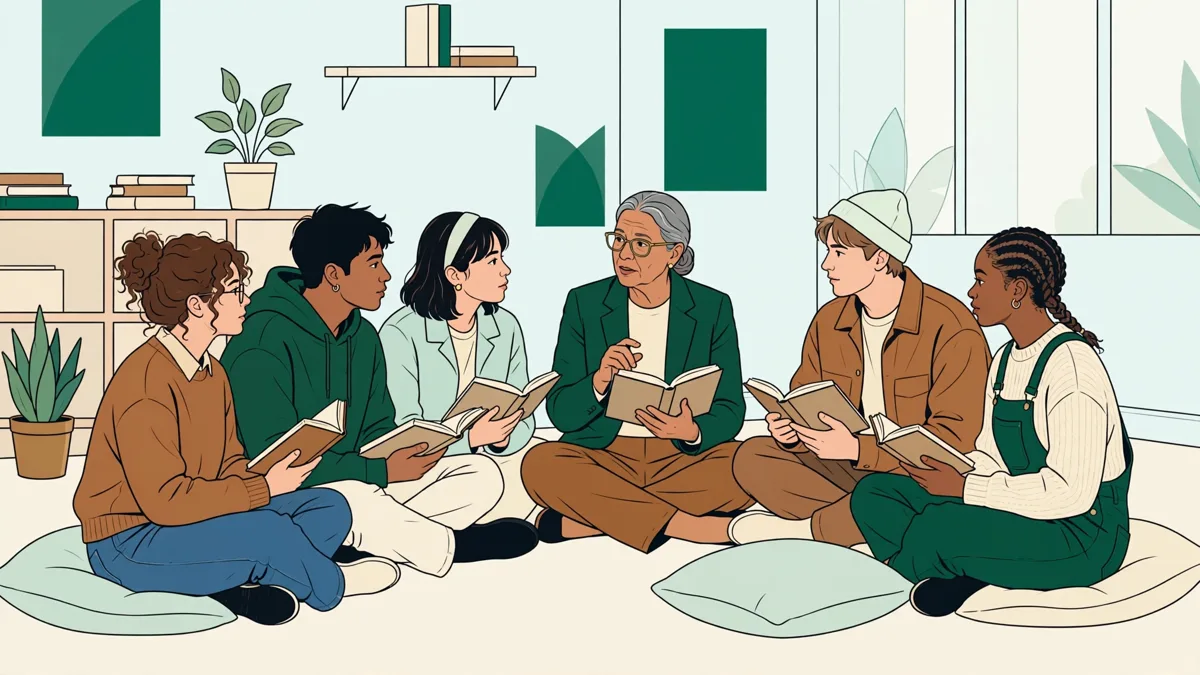 Petit groupe d'étudiants en cercle dans une salle de cours, un livre ouvert à la main, en pleine discussion animée avec leur enseignante.