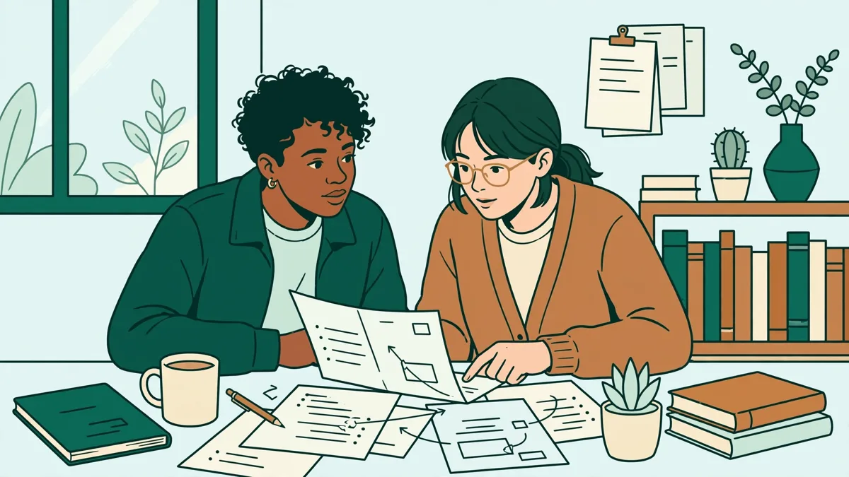 Deux étudiantes qui comparent leurs plans de dissertation en tutorat, feuilles annotées