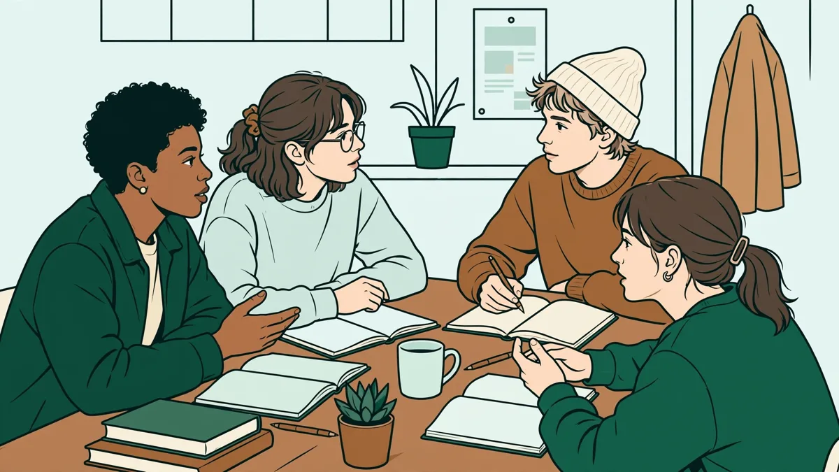 Petit groupe d’étudiants qui discutent d’un roman anglais autour d’une table, carnets ouverts